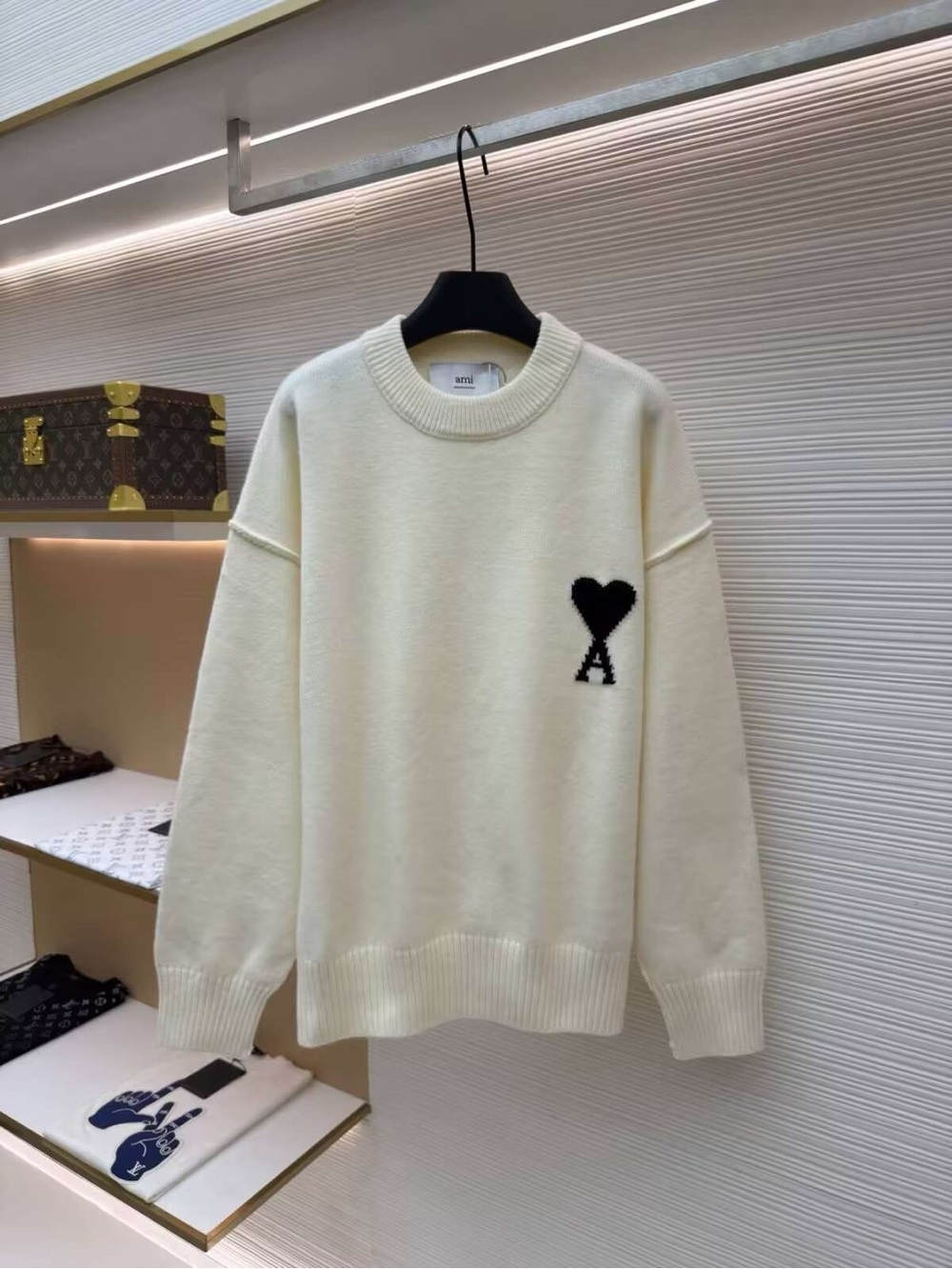 Ami Cream Crewneck Sweater with Black Heart 'A' Motif
